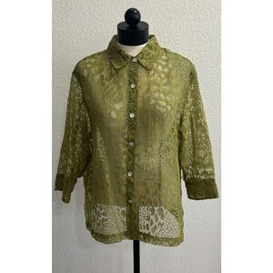 Mirasol Women’s Green Burnout Sheer Blouse XL Textured Button Front Boho Artsy